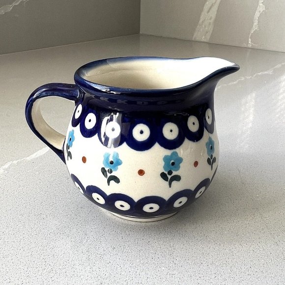 Boleslawiec Small Milk Creamer Pitcher Blue Pottery Floral Handmade In Poland E9 - Picture 1 of 10